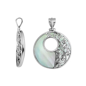 Wholesale sterling silver round Mother of Pearl pendant with iridescent inlay, cut-out design, and Bali-inspired vine silverwork with oxidized detailing, handcrafted artisan jewelry for bulk orders.