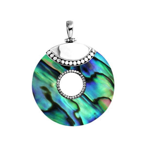 Wholesale sterling silver round Abalone Shell pendant with center cut-out, Bali beaded detailing, and polished silver top, handcrafted artisan gemstone jewelry for bulk orders.