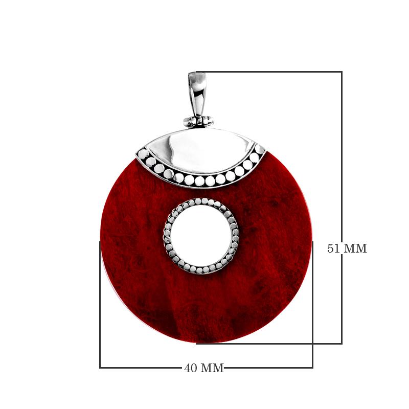Wholesale sterling silver round Red Coral pendant with center cut-out, Bali beaded detailing, and polished silver top, handcrafted artisan gemstone jewelry for bulk orders.