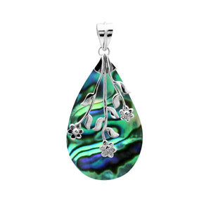 Handcrafted 925 Sterling Silver Abalone Shell teardrop pendant featuring a floral branch overlay, high-polished mirror finish, and vivid ocean-inspired Balinese artistry for wholesale jewelry buyers.