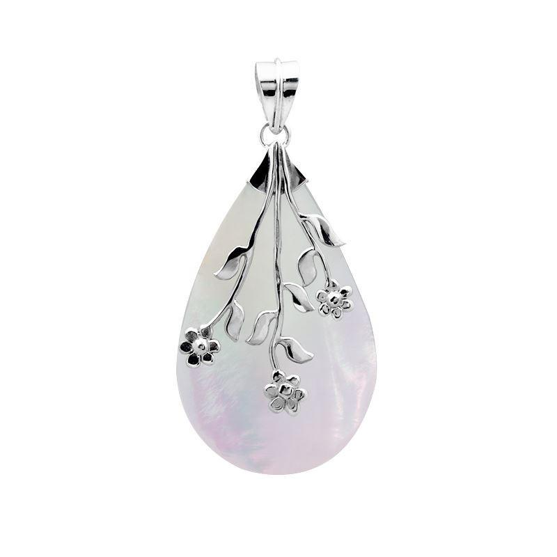 AP-1047-SH Sterling Silver Tear Drop Pendant With Pears Shape White Shell Jewelry Bali Designs Inc 