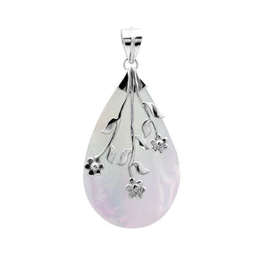 Handcrafted 925 Sterling Silver Mother Of Pearl teardrop pendant featuring floral branch overlay, high-polished finish, and elegant Balinese artistry for wholesale jewelry buyers and catalogs.