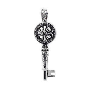 Wholesale sterling silver key pendant with Bali floral design, handcrafted 925 silver jewelry for bulk orders