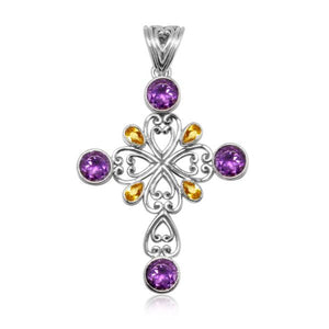 Wholesale sterling silver cross pendant with Amethyst and Citrine gemstones, handcrafted Bali filigree 925 silver jewelry for bulk orders