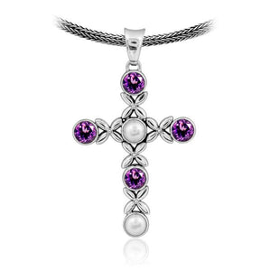 Wholesale sterling silver cross pendant with Amethyst Quartz and Pearl gemstones, handcrafted Bali floral design 925 silver jewelry for bulk orders