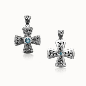 Wholesale sterling silver cross pendant with Blue Topaz gemstone, handcrafted Bali filigree 925 silver jewelry for bulk orders