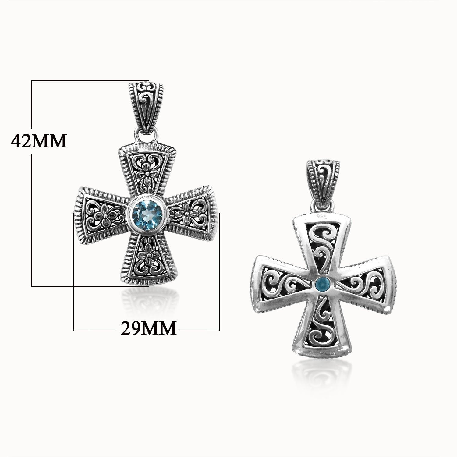 Wholesale sterling silver cross pendant with Blue Topaz gemstone, handcrafted Bali filigree 925 silver jewelry for bulk orders