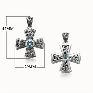 Wholesale sterling silver cross pendant with Blue Topaz gemstone, handcrafted Bali filigree 925 silver jewelry for bulk orders