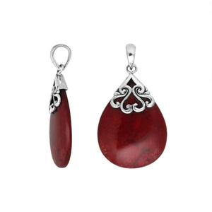 Wholesale sterling silver teardrop pendant with Red Coral gemstone, handcrafted Bali scroll design 925 silver jewelry for bulk orders