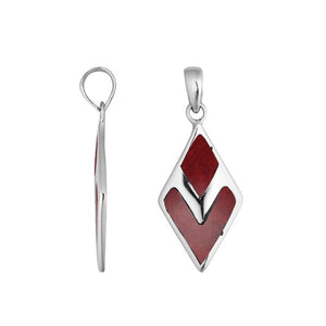Wholesale sterling silver diamond-shaped pendant with Red Coral inlay, handcrafted Bali 925 silver jewelry for bulk orders