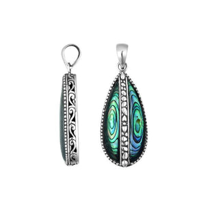 Wholesale sterling silver teardrop pendant with abalone shell inlay, handcrafted Bali jewelry for bulk buyers and boutiques.