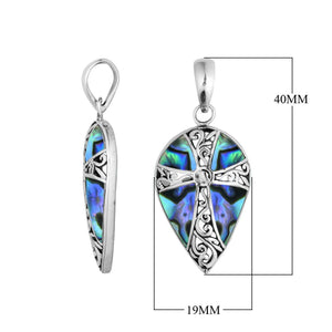 Sterling silver pear-shaped pendant with intricate cross design and natural Abalone Shell inlay, handcrafted wholesale Bali jewelry for bulk buyers.