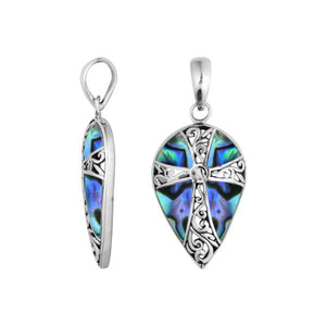 Sterling silver pear-shaped pendant with intricate cross design and natural Abalone Shell inlay, handcrafted wholesale Bali jewelry for bulk buyers.