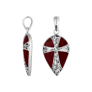 Wholesale sterling silver teardrop cross pendant with red coral inlay, handcrafted Bali 925 silver jewelry for bulk buyers