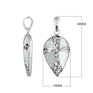 Wholesale sterling silver teardrop cross pendant with Mother of Pearl inlay, handcrafted Bali 925 silver jewelry for bulk buyers