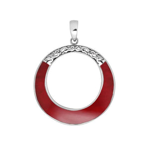Wholesale sterling silver round pendant with red coral inlay, open circle design, and ornate silver detailing – handcrafted Bali jewelry