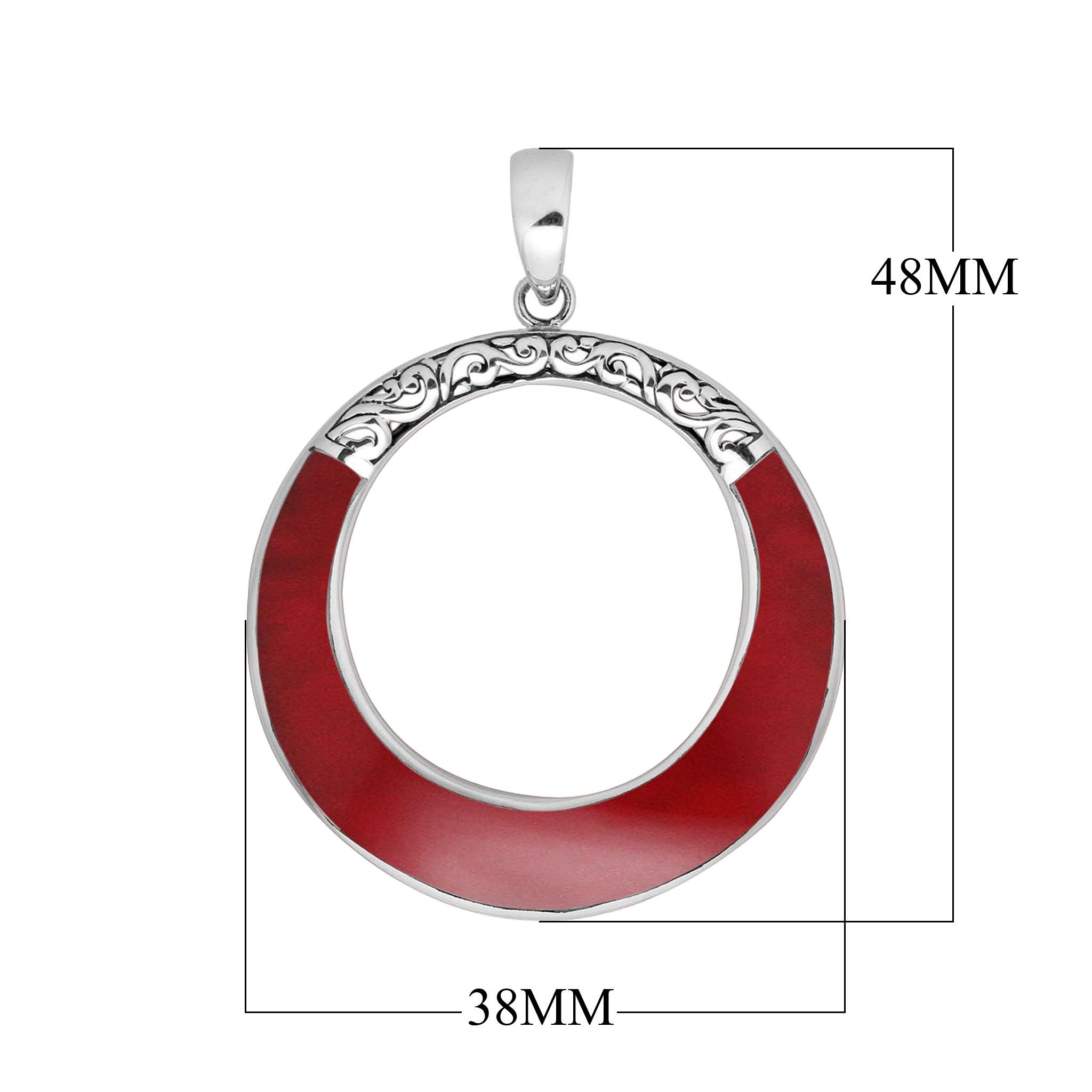 Wholesale sterling silver round pendant with red coral inlay, open circle design, and ornate silver detailing – handcrafted Bali jewelry