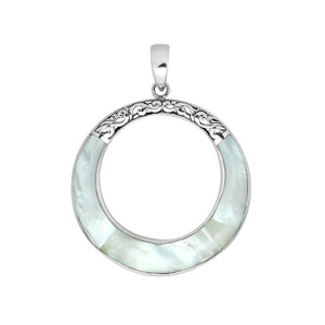 Wholesale sterling silver round pendant with mother of pearl inlay, open circle design, and ornate silver detailing – handcrafted Bali jewelry