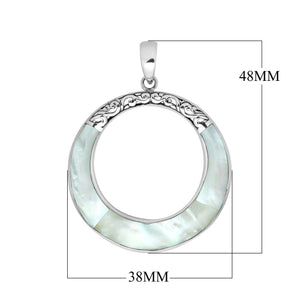 Wholesale sterling silver round pendant with mother of pearl inlay, open circle design, and ornate silver detailing – handcrafted Bali jewelry