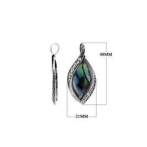 Wholesale sterling silver marquise pendant with genuine abalone shell inlay and intricate Balinese carving, handcrafted in Bali.