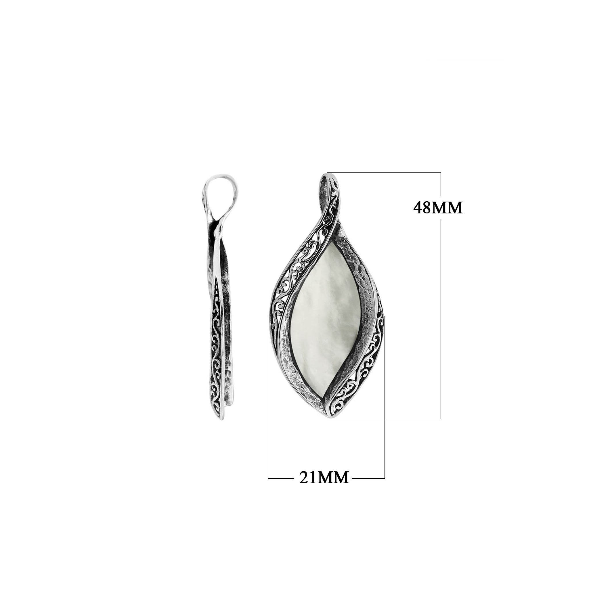 Wholesale sterling silver marquise pendant with genuine Mother of Pearl inlay and intricate Balinese carving, handcrafted in Bali.