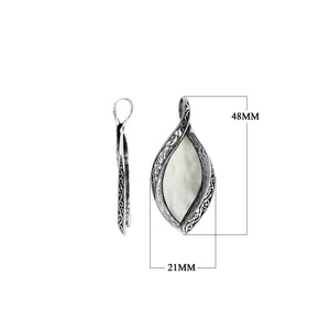 Wholesale sterling silver marquise pendant with genuine Mother of Pearl inlay and intricate Balinese carving, handcrafted in Bali.