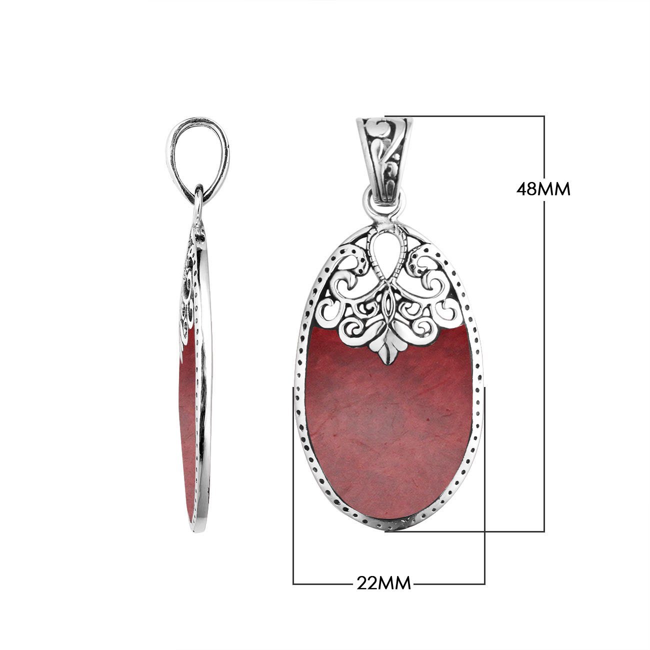Wholesale sterling silver oval pendant with genuine red coral inlay and ornate Balinese filigree detailing, handcrafted in Bali.