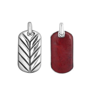 Wholesale sterling silver dog tag pendant with genuine red coral inlay on one side and chevron silver design on the reverse, handcrafted in Bali.