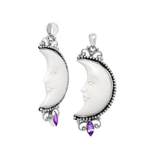 Sterling silver half-moon pendant with carved bone face and amethyst gemstone, Balinese design.