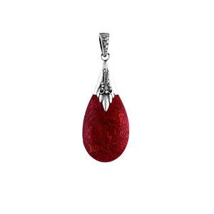 Sterling silver pendant with red coral teardrop, handcrafted Bali artisan jewelry.