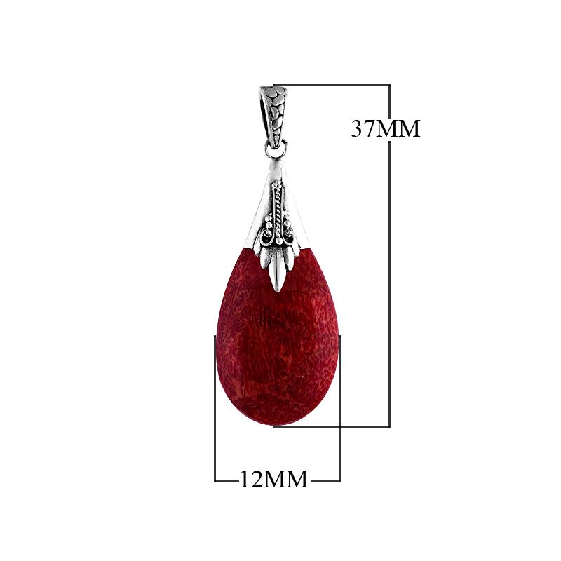 Sterling silver pendant with red coral teardrop, handcrafted Bali artisan jewelry.