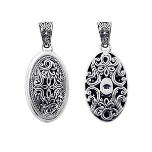 Sterling silver oval pendant with intricate Bali carvings, wholesale artisan jewelry.