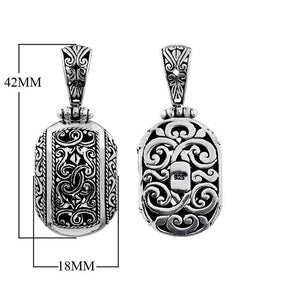 Sterling silver fancy oval pendant with Bali scrollwork design, wholesale artisan jewelry.