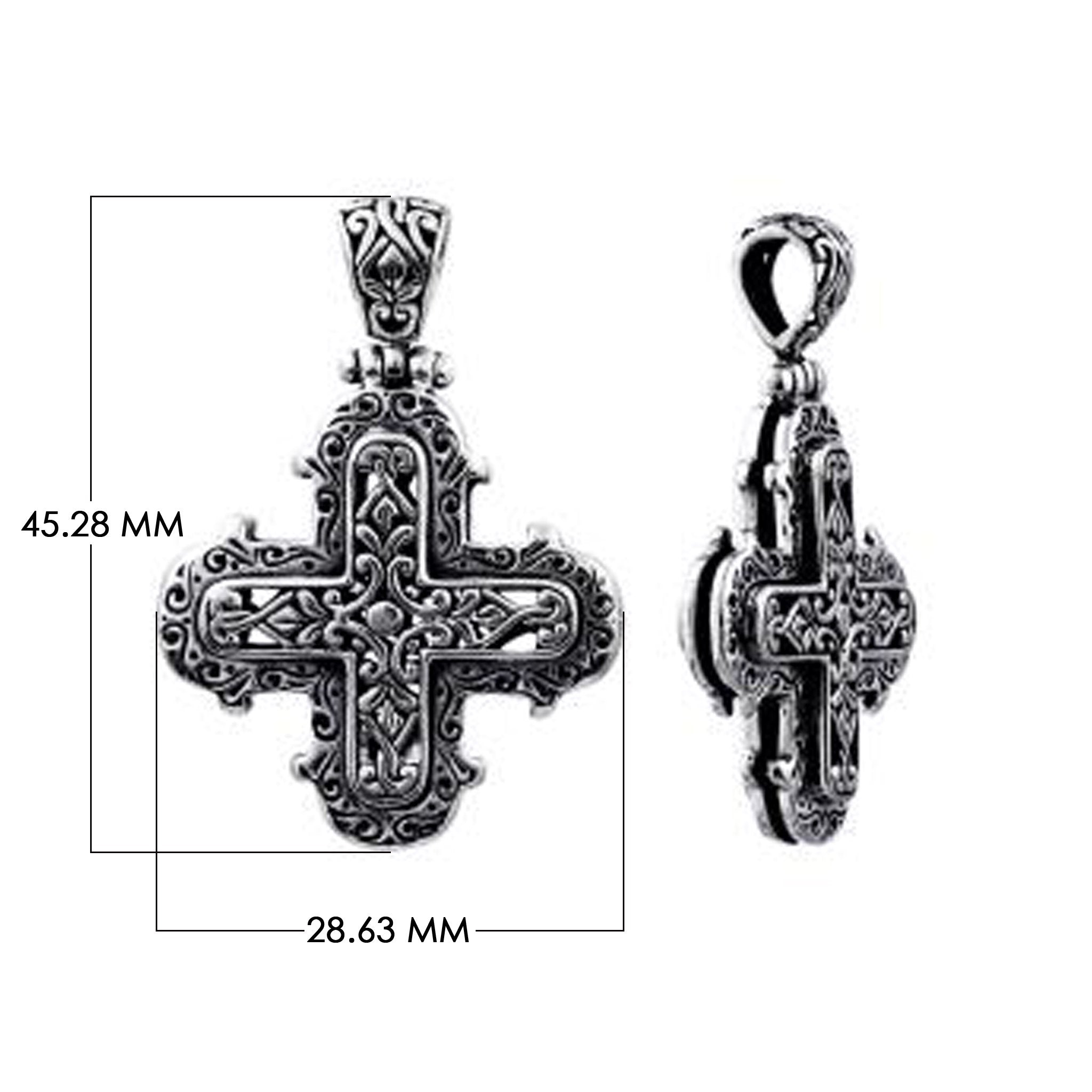 Sterling silver cross pendant with intricate Bali scrollwork design, wholesale artisan jewelry.