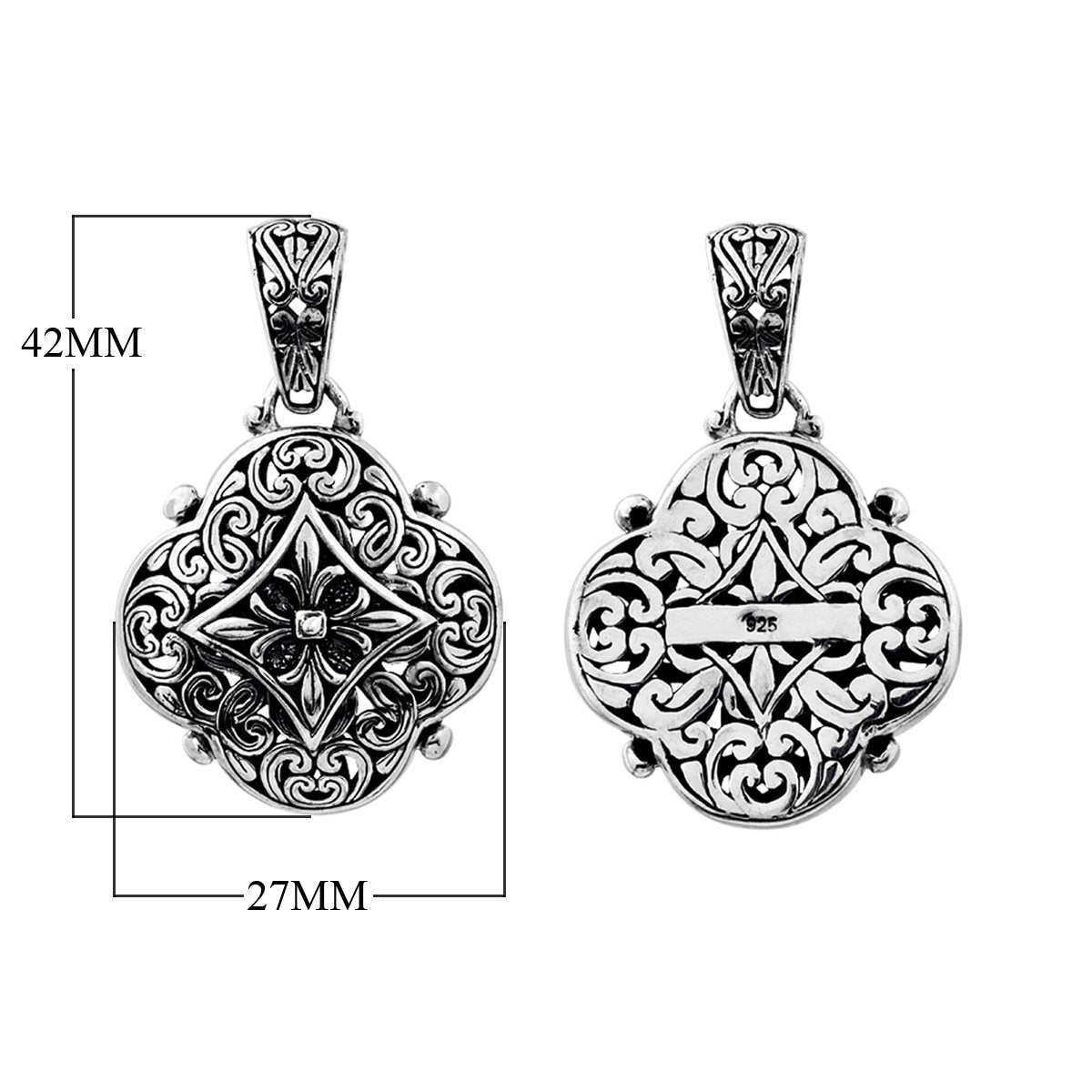 Sterling silver floral pendant with Balinese scrollwork, wholesale artisan jewelry.