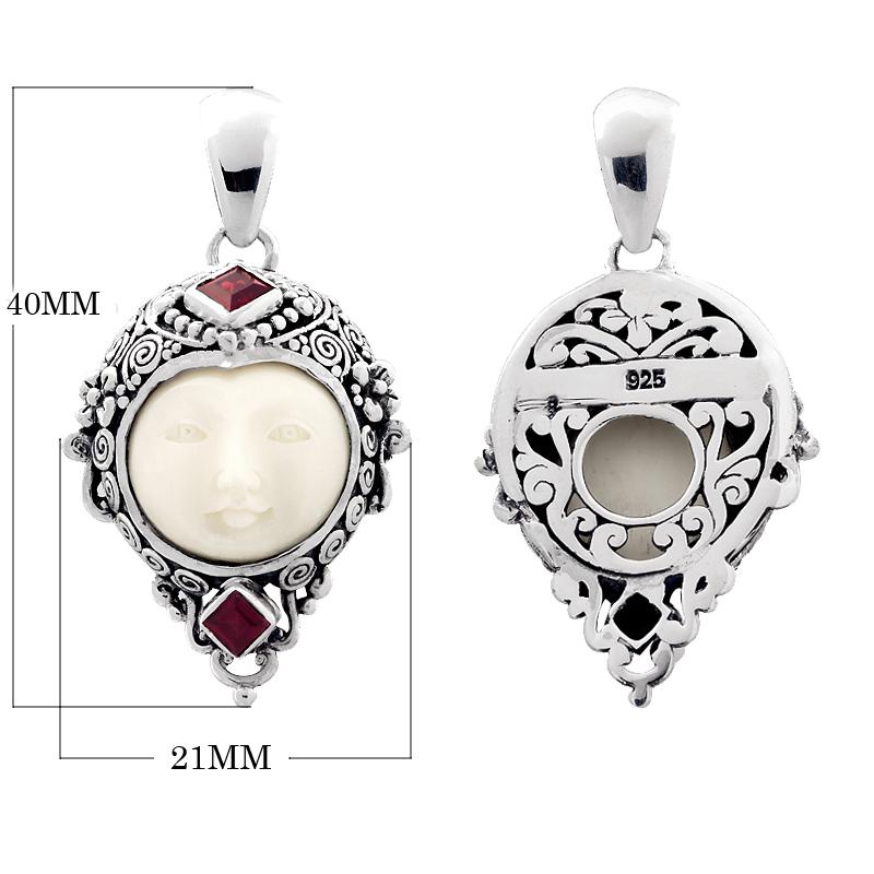 Sterling silver pendant with Garnet Quartz stones and hand-carved bone face, Bali wholesale jewelry.
