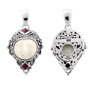 Sterling silver pendant with Garnet Quartz stones and hand-carved bone face, Bali wholesale jewelry.