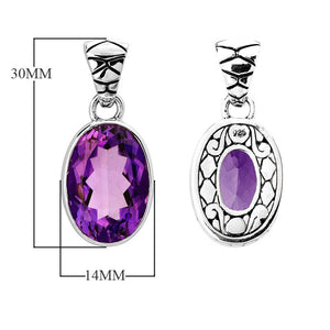 Sterling silver oval pendant with faceted amethyst quartz and Balinese filigree scroll back, wholesale jewelry.