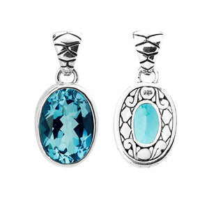 Sterling silver oval pendant with faceted Blue Topaz Quartz and Balinese scroll back, wholesale jewelry.