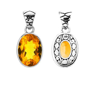Sterling silver oval pendant with faceted Citrine Quartz and Balinese scroll back design, wholesale Quartz jewelry.
