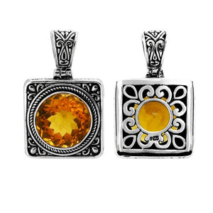 Sterling silver square pendant with faceted round Citrine Quartz and Balinese scroll design, wholesale gemstone jewelry.