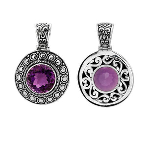 Sterling silver wholesale pendant with faceted Amethyst Quartz and Bali-style oxidized border.