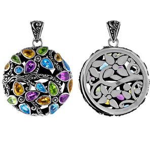 Wholesale sterling silver floral pendant with peridot, citrine, blue topaz, and amethyst quartz in round design.