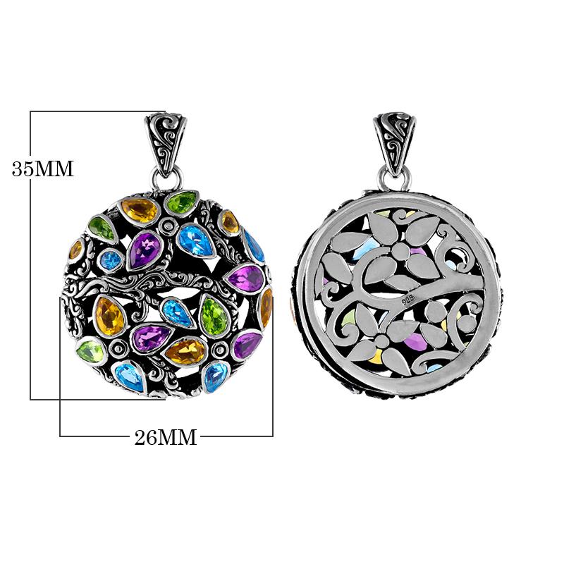 Wholesale sterling silver floral pendant with peridot, citrine, blue topaz, and amethyst quartz in round design.
