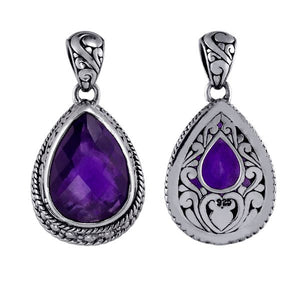 Sterling silver teardrop pendant with faceted amethyst quartz, wholesale jewelry from Indonesia