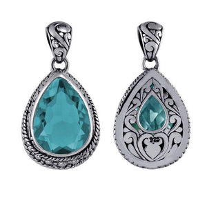 Sterling silver teardrop pendant with faceted blue topaz quartz, wholesale jewelry from Indonesia
