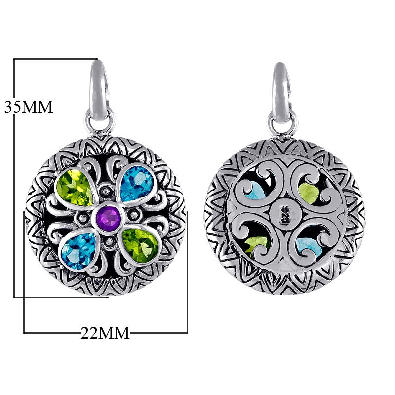 Sterling silver round pendant with amethyst quartz center and alternating peridot and blue topaz quartz, wholesale jewelry Indonesia