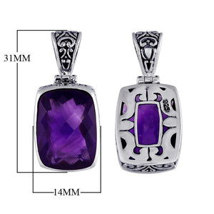 Sterling silver rectangular pendant with faceted amethyst quartz and ornate Bali detailing, handcrafted in Indonesia