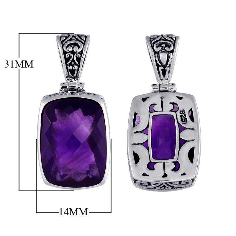 Sterling silver rectangular pendant with faceted amethyst quartz and ornate Bali detailing, handcrafted in Indonesia