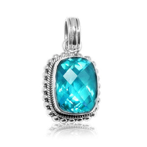 Sterling silver pendant with cushion-cut Blue Topaz Quartz, handcrafted in Bali